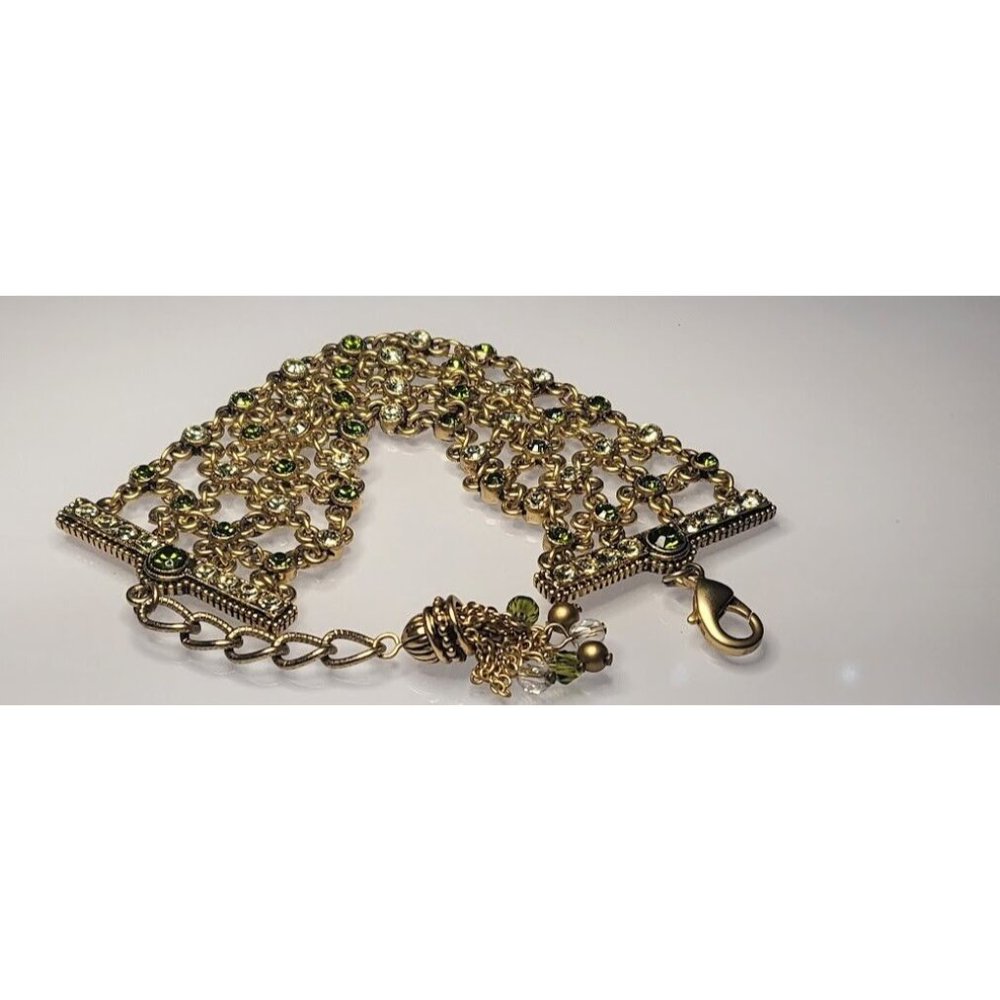 Vintage Multi Strand Chain Gold Tone Bracelet Rhinestone Clear Green Bead Tassel